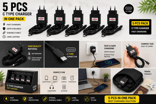 5 PCS C Type Fast Charger with Cable – USB Type-C Charging Adapter – One Pack